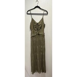 EXPRESS Maxi Dress Women’s Size Medium Olive Metallic Cut Out Ruched Slit Glam